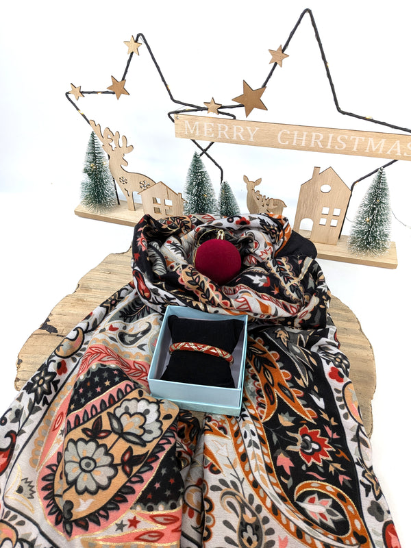 Crimson Paisley Gift Set – Scarf & Red Geometric Bangle
