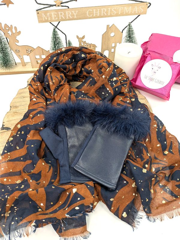Copper & Blue Leaf Gift Set – Gold Fleck Scarf & Faux Fur Trim Fingerless Gloves