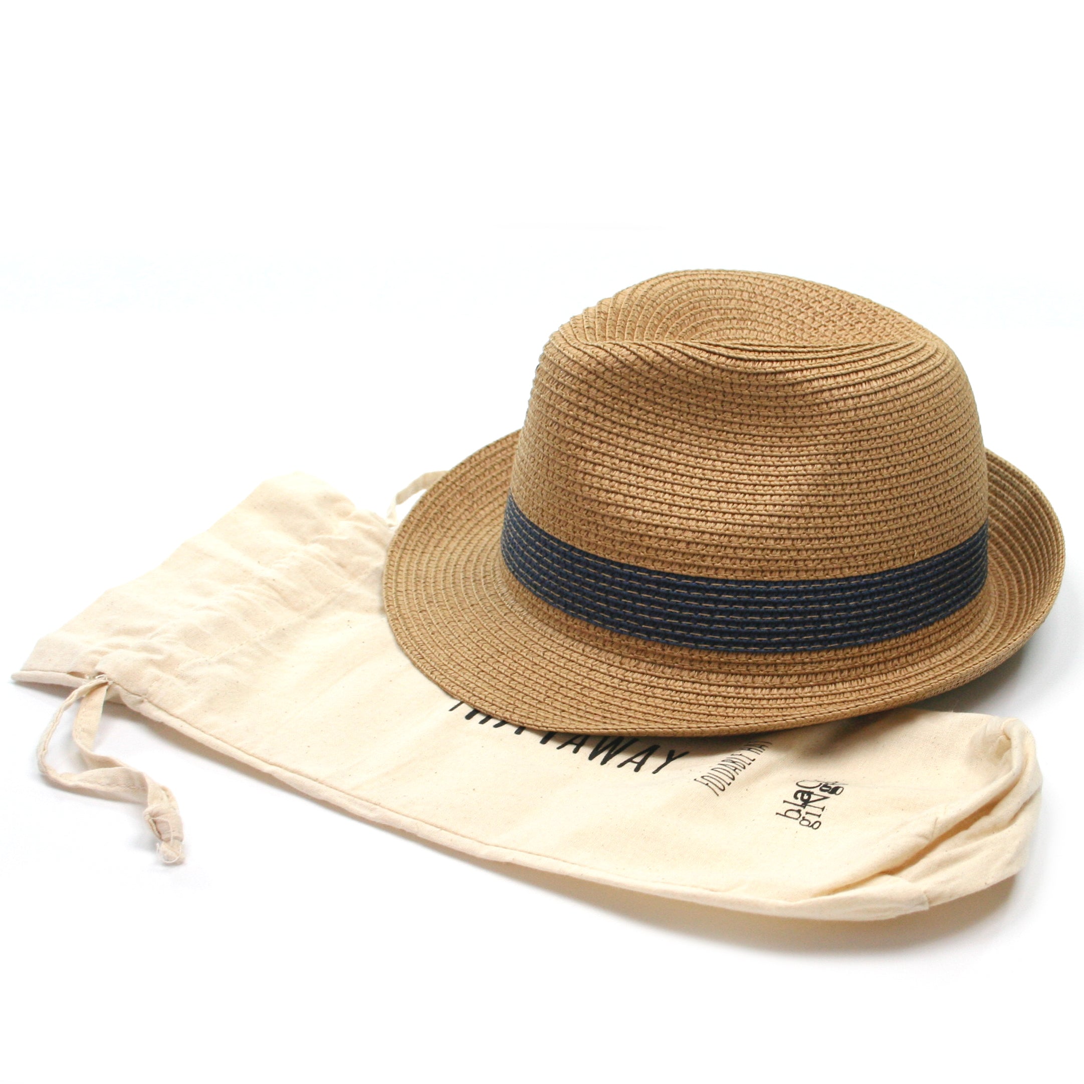 folding travel trilby sun hat with a blue ribbon