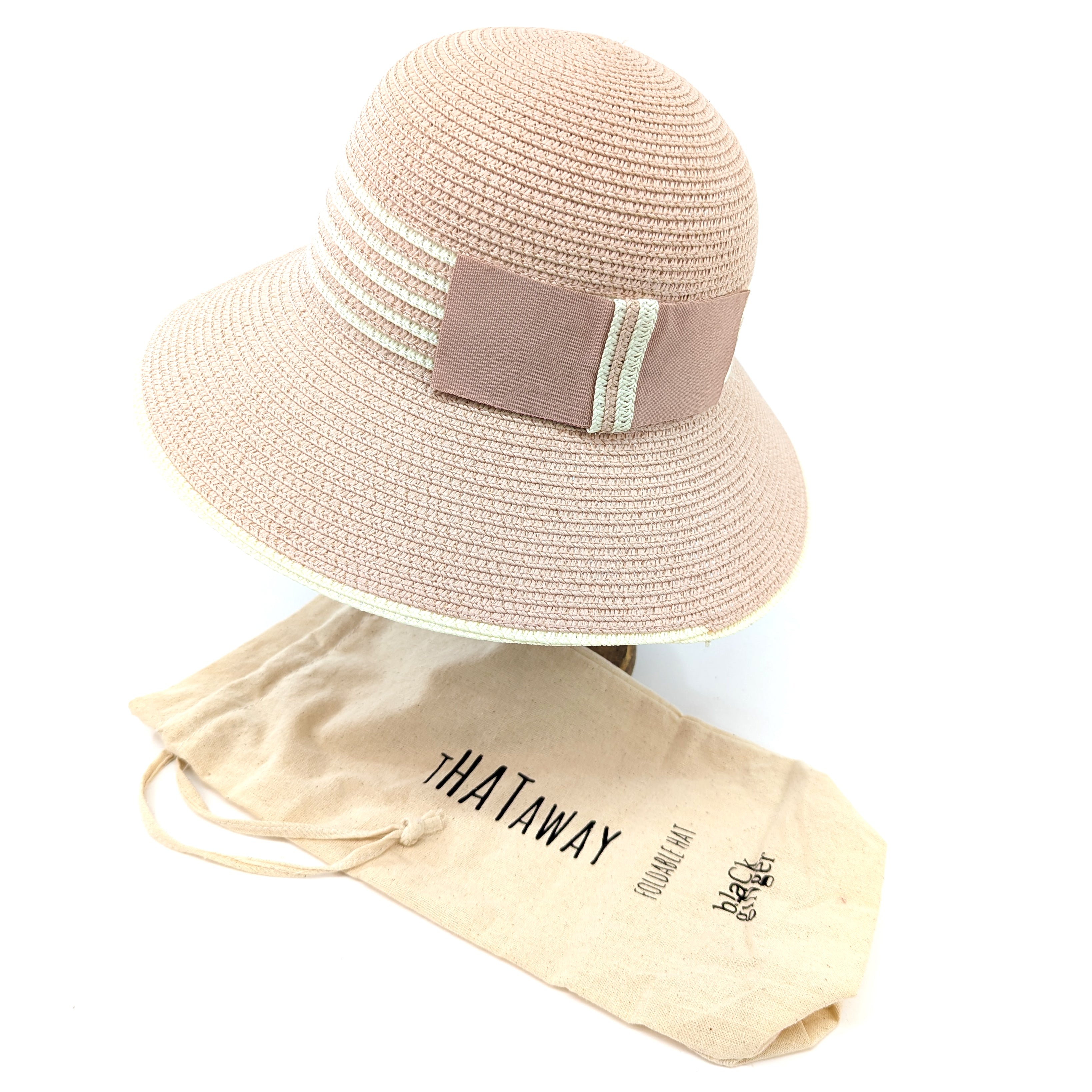 Folding Cloche Style Travel Sun Hat - Pink with Black Stripey Band