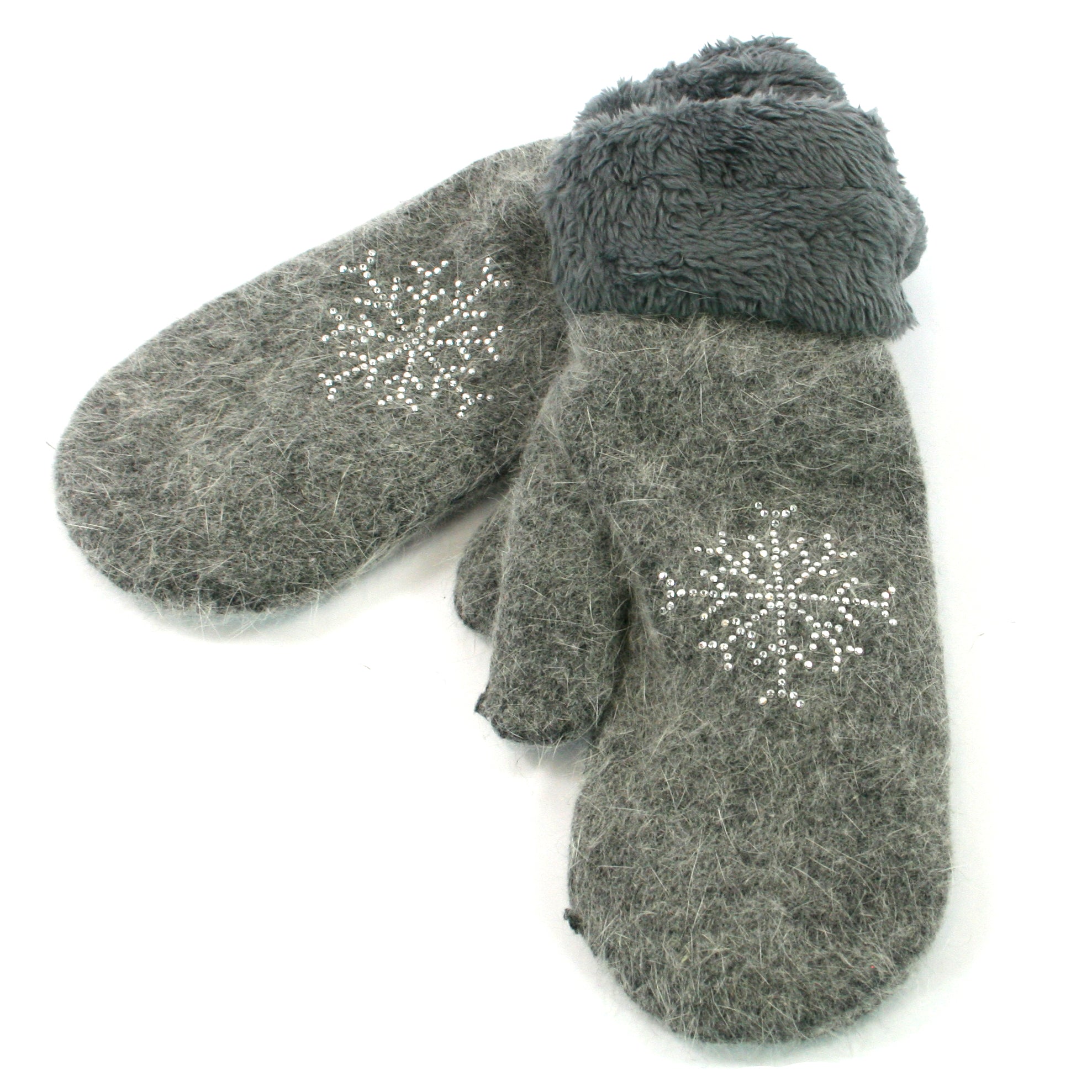 fluffy snowflake mittens with faux fur lining