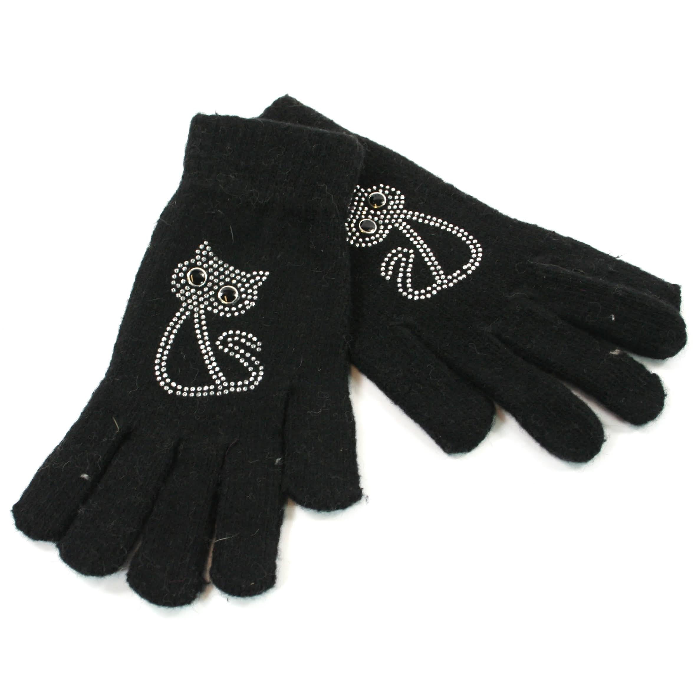 warm gloves with a diamante cat pattern