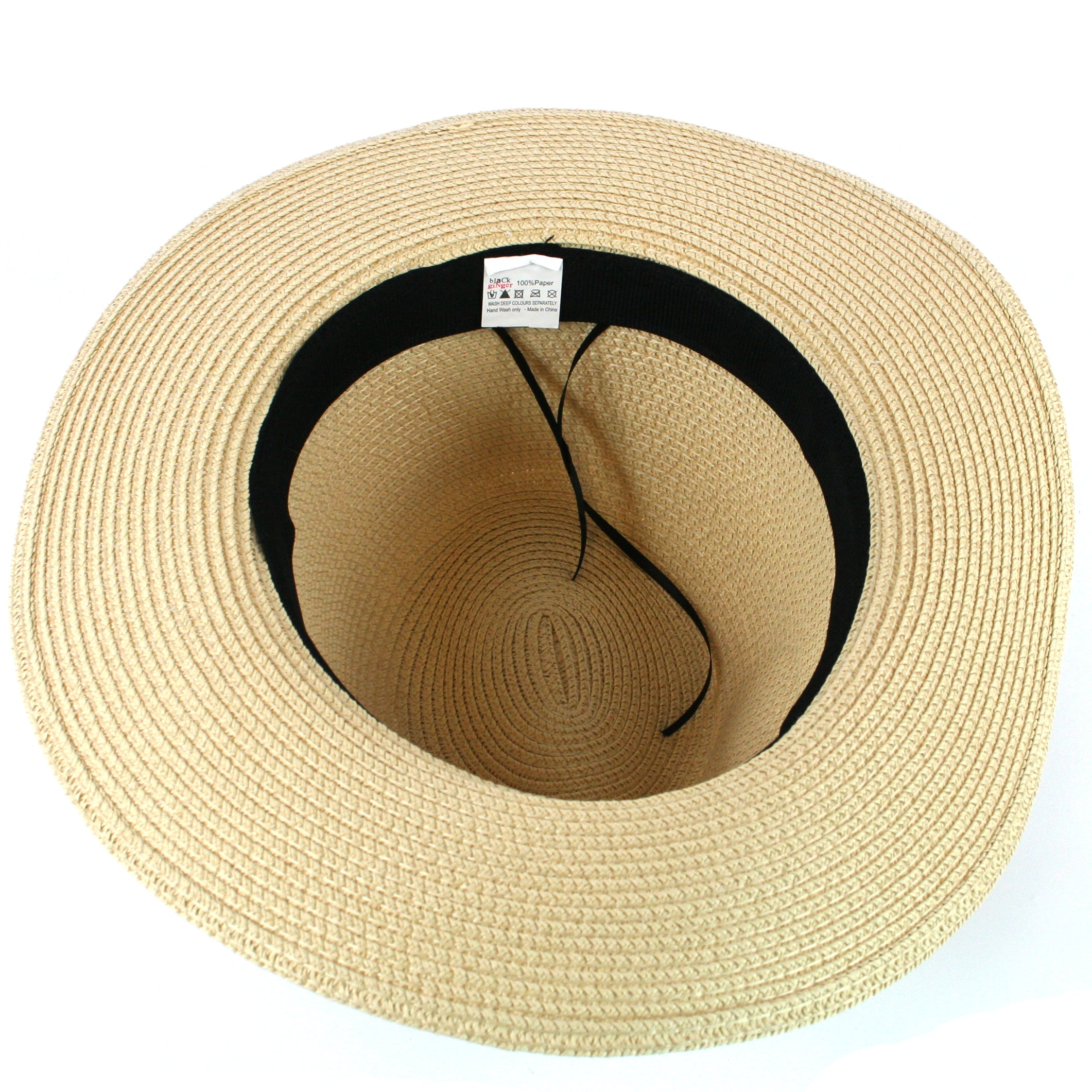 The inside of the folding sun hat.  it shows the soft inner brim. it also shows that there is a ribbon cord that allows the wearer to adjust the size for a more comfortable fit