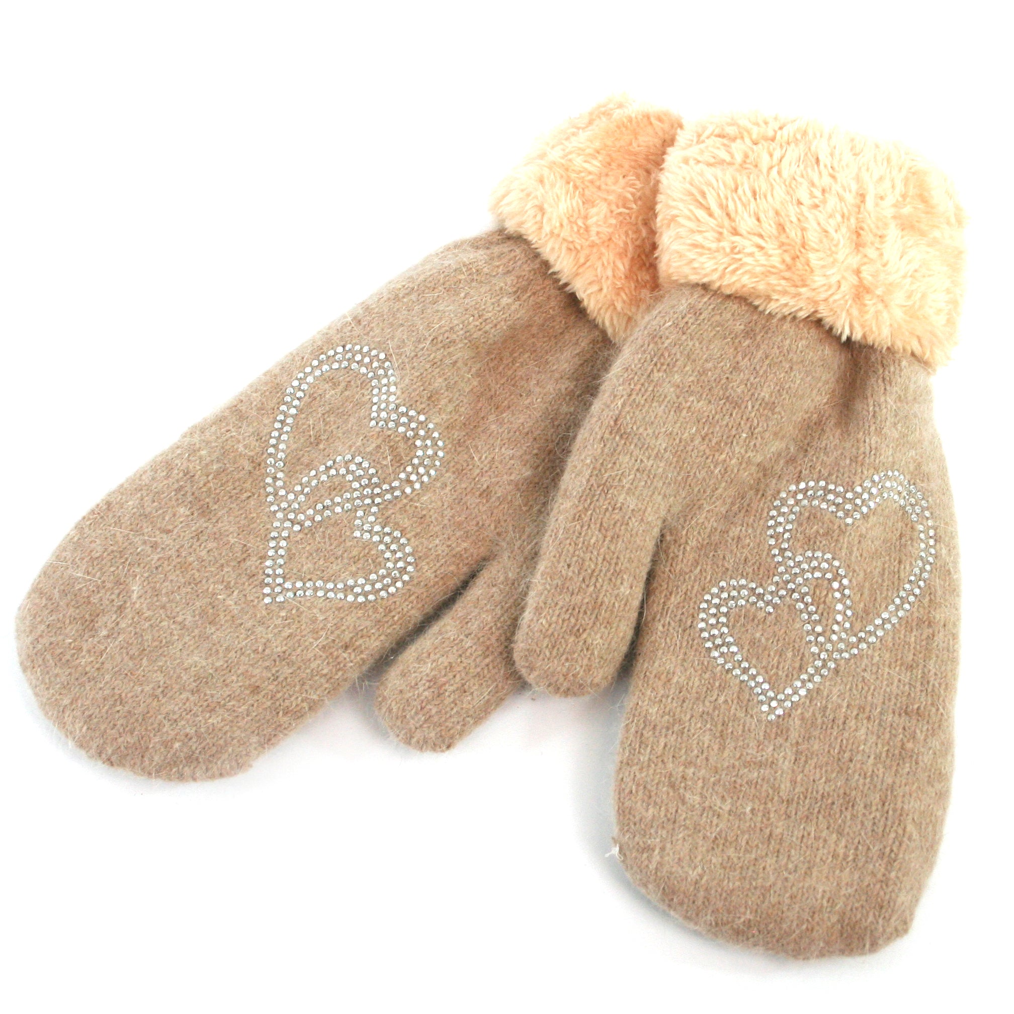 warm winter mittens with faux fur cuffs and lining with a heart design