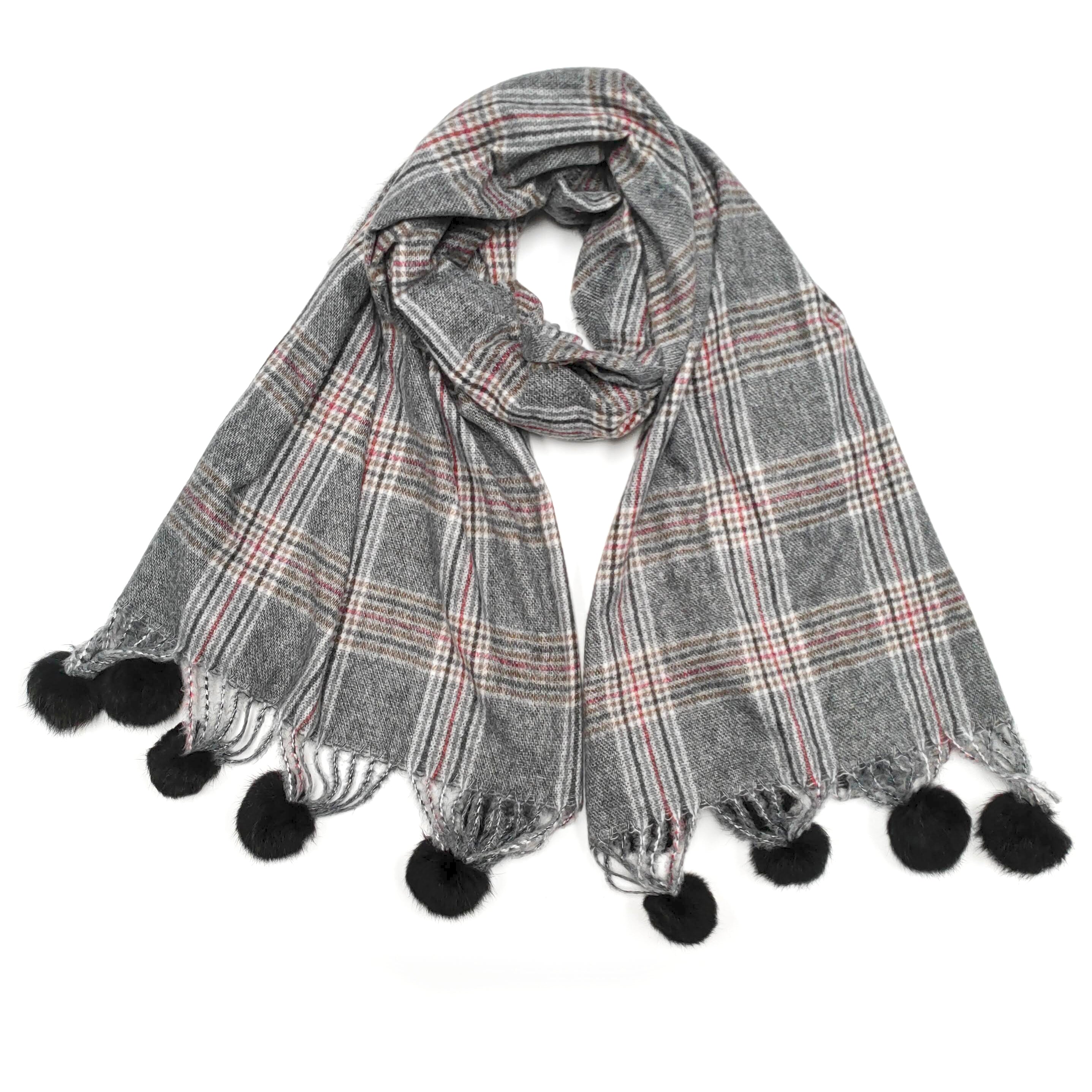 Dauphin Check Thick Faux Fur PomPom Scarf