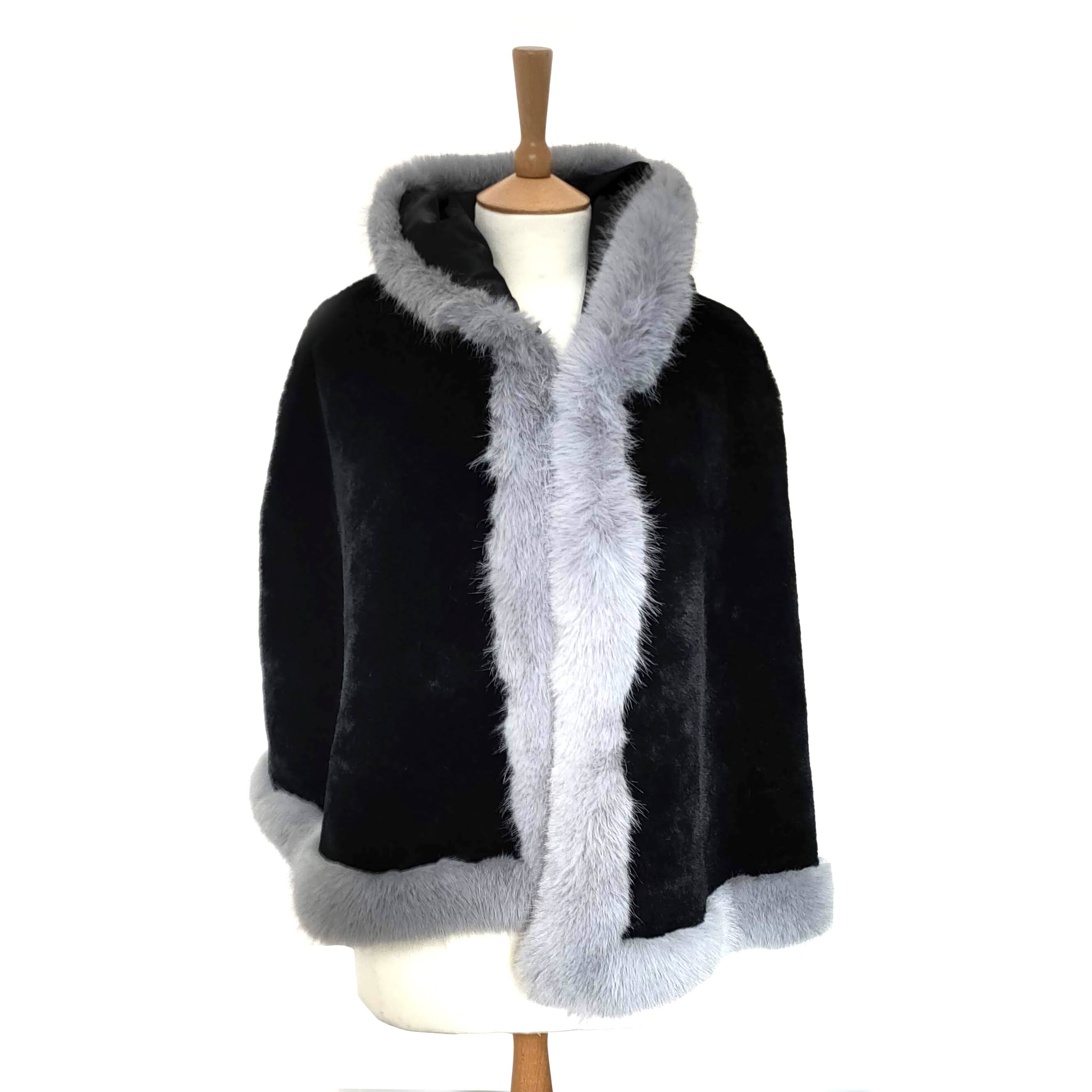 Black and Grey Fur Fur Cape with Hood