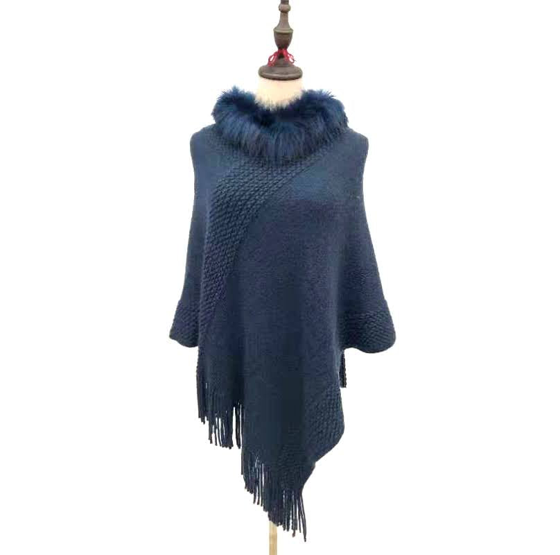 Knitted Style Poncho with Faux Fur Collar