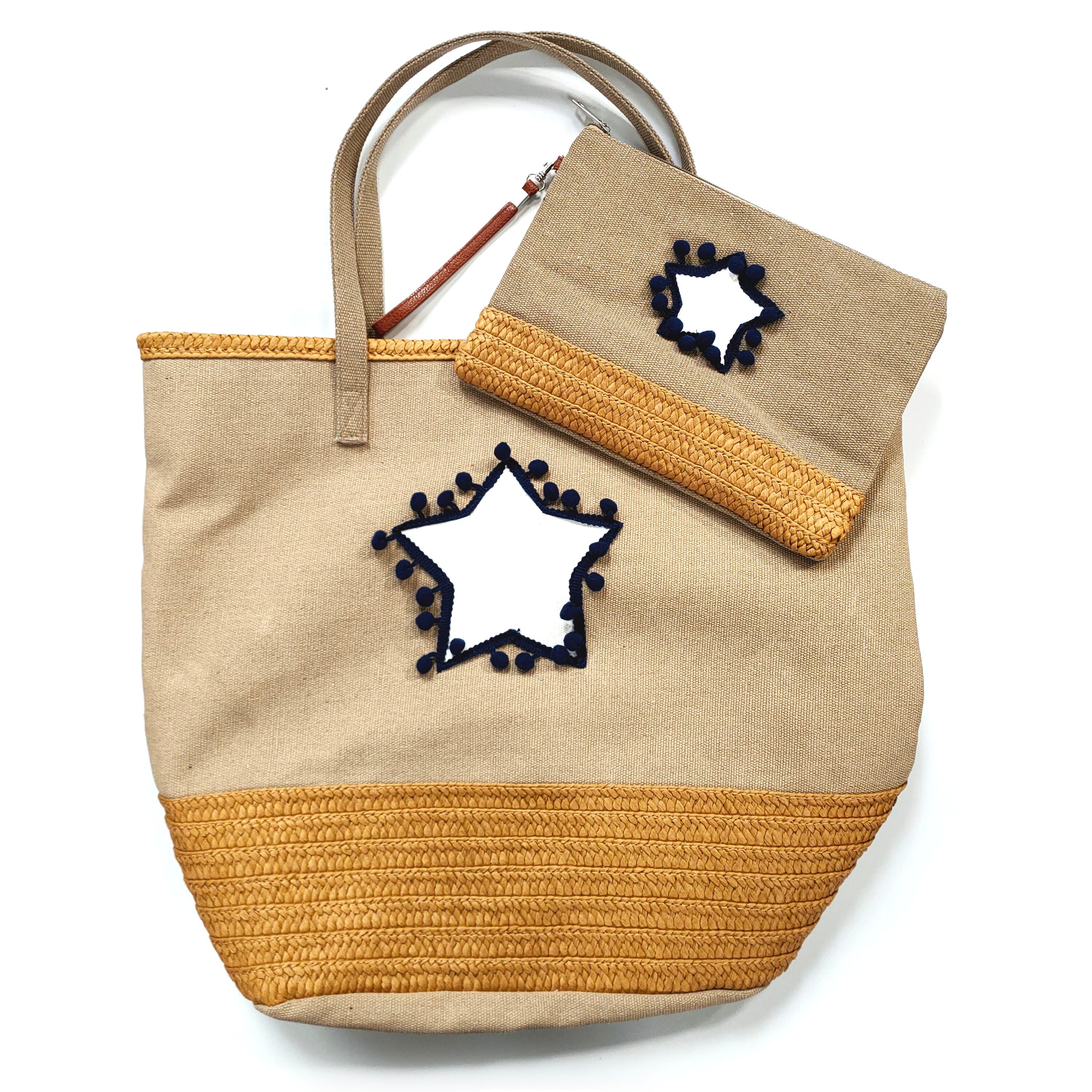 Large Beach Bag & Organiser Bag with a Star & Pompom Design