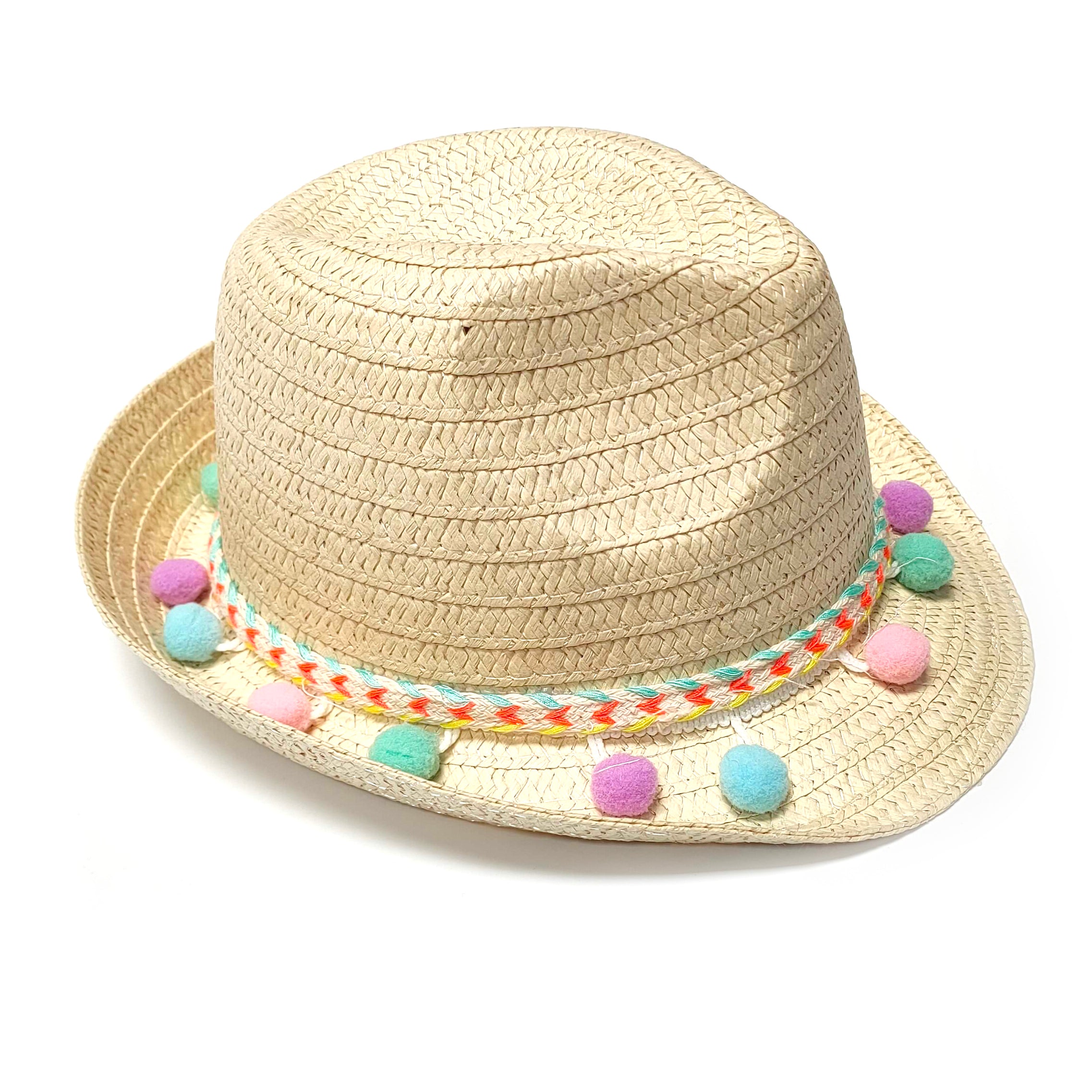 Childs Folding Travel Trilby Sun Hat with Pompoms
