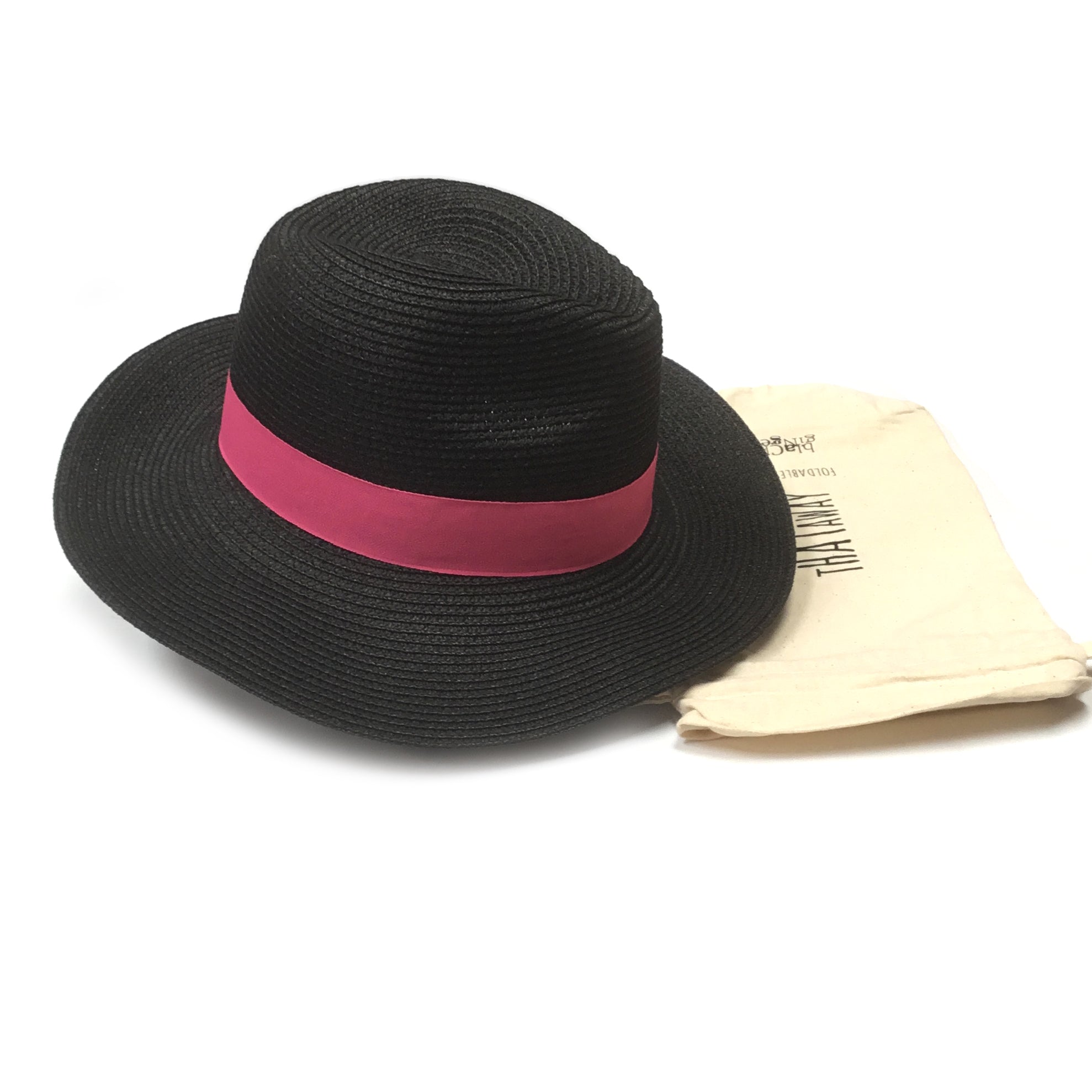 Folding Travel Panama Sun Hat - Black & Pink