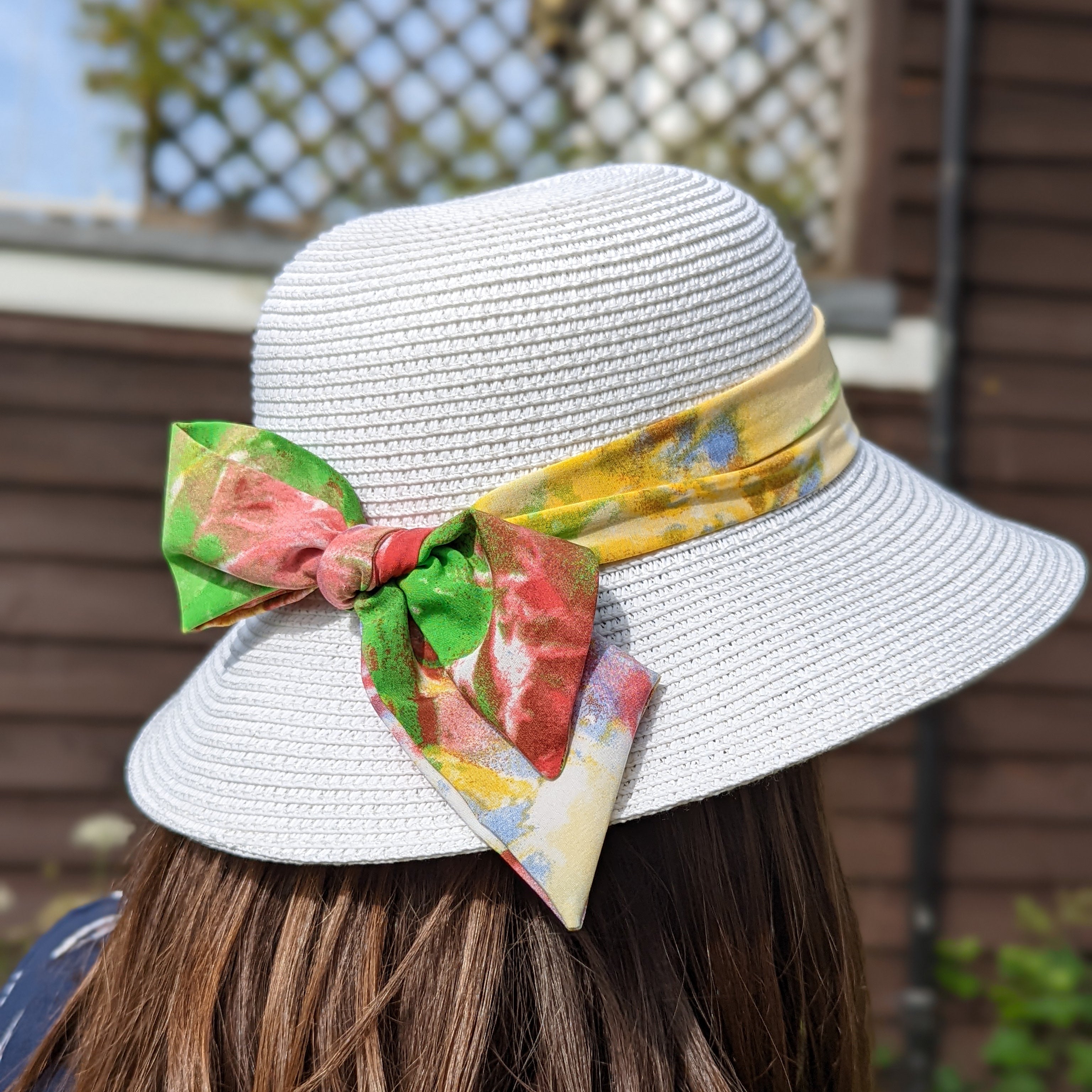 White Bow Hat with Multicoloured Ribbon